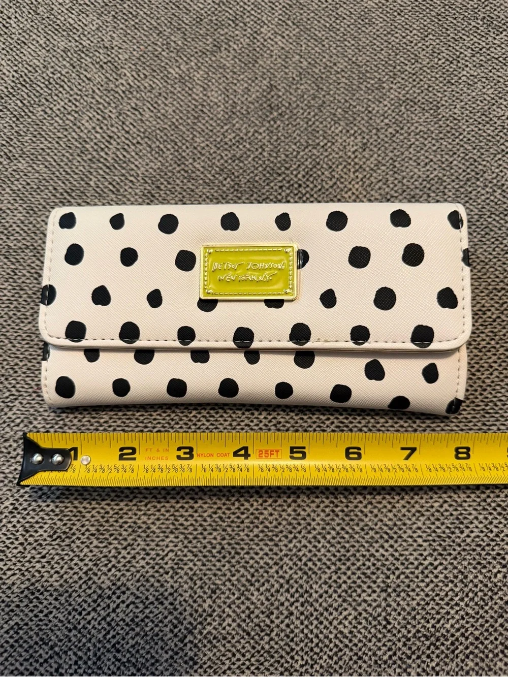 Betsey Johnson Cream Wallet Black Polka Dots and Gold Plated Neon Green Plaque